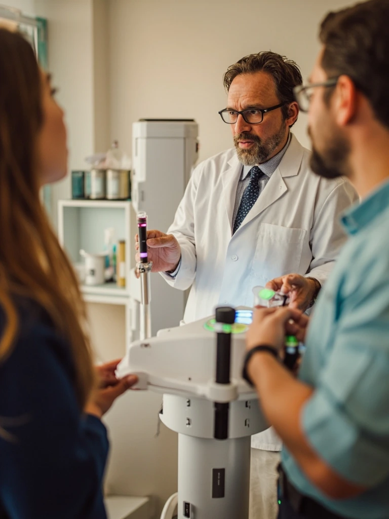 A dermatologist demonstrates a clinical phototherapy device to fellow clinicians in a teaching setting.